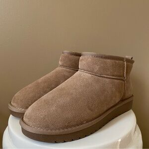 GREYSTONE CLASSIC ULTRA MINI FAUX FUR SUEDE ANKLE BOOTS Taupe Brown 9.5